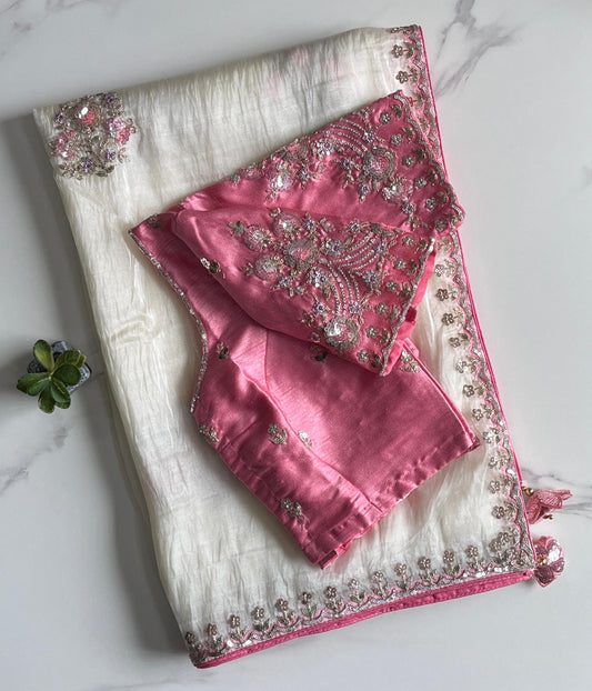 Gold Crush Tissue saree with sequence Luxe with stitched Blouse