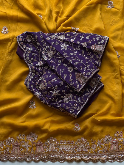 Cocktail handwork luxe gold finish sarees with Cutdana sequence work