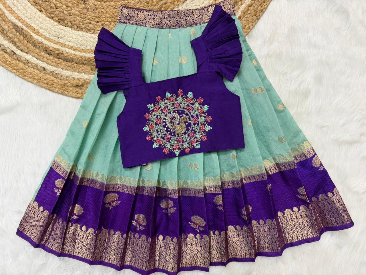 Brother & Sister Maggam Cute Traditional Combo – Banaras Silk Crop Top & Boy Kurta Dhoti Set
