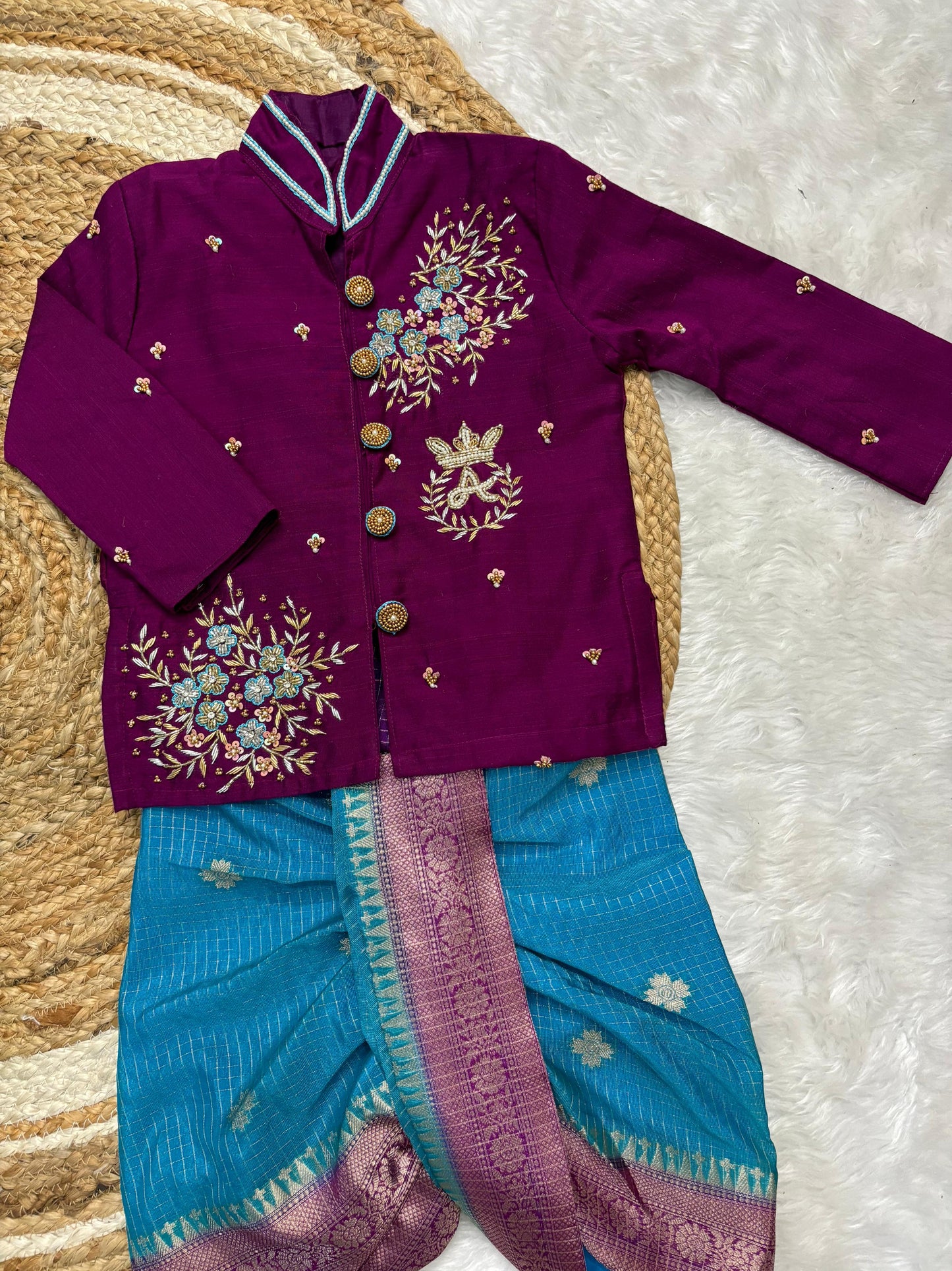 Banaras Silk Kids Wear with Maggam Handwork with boys dhoti with kurta sets