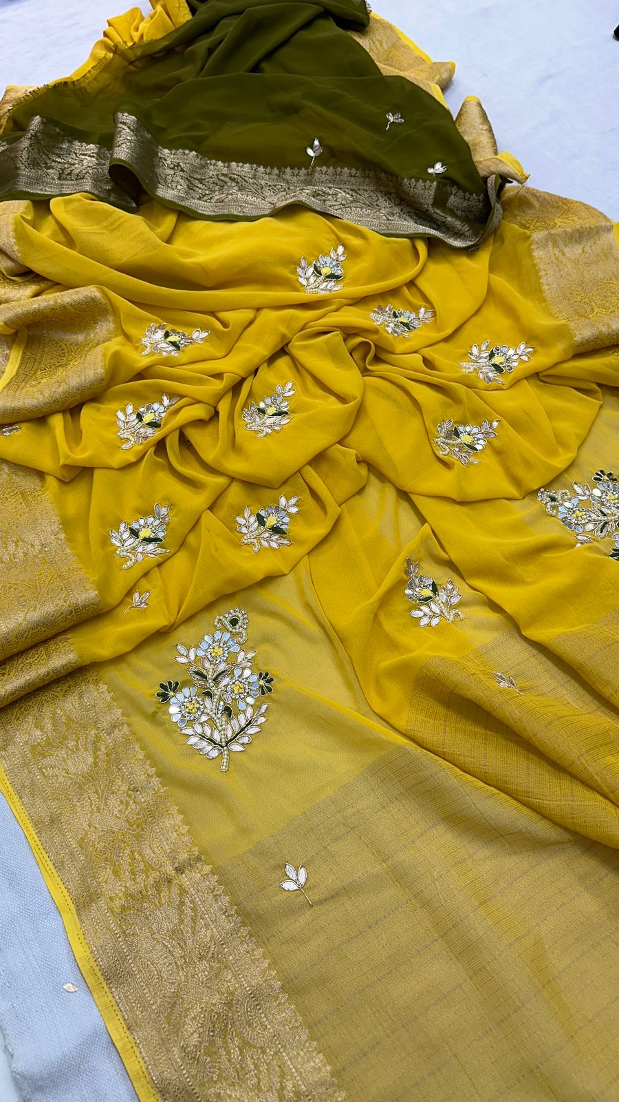 Hand work saree with contrast blouse