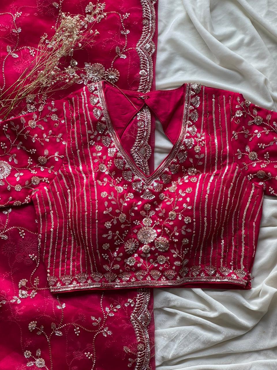 Raspberry Luxe Coctail Handwork saree with stitched blouse