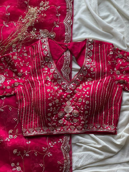 Raspberry Luxe Coctail Handwork saree with stitched blouse