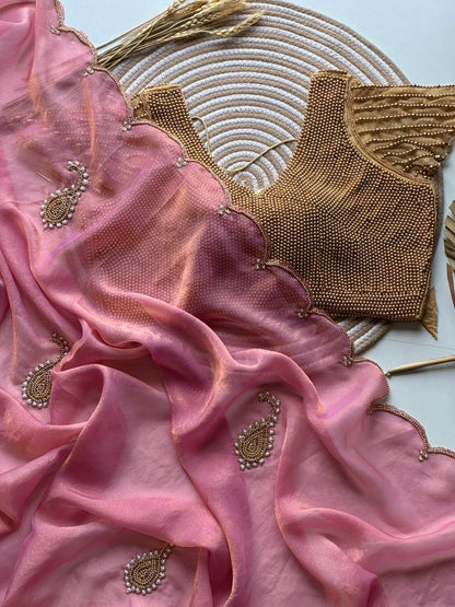 Space Georgette saeee with gold pearl work blouse