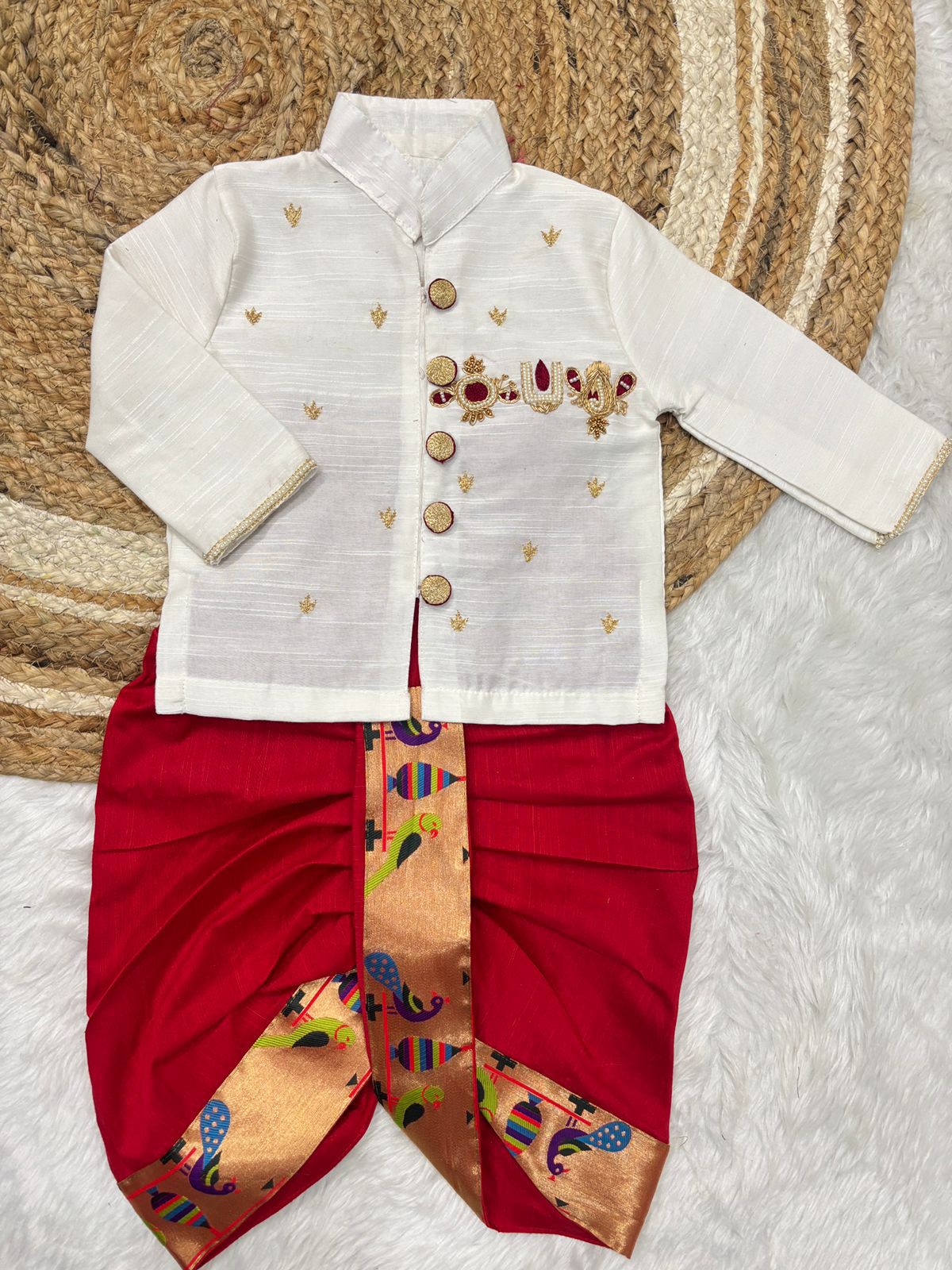 Boys Ethnic Raw Silk Dhoti Set with Paithani Border