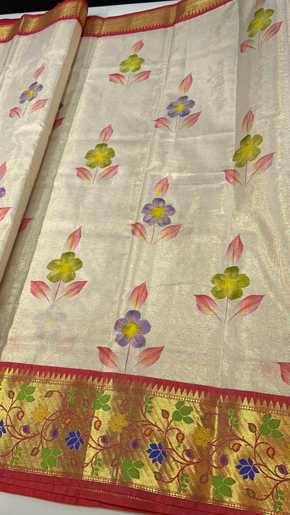 Semi pattu soft tissue weaving Paithani hand painted saree