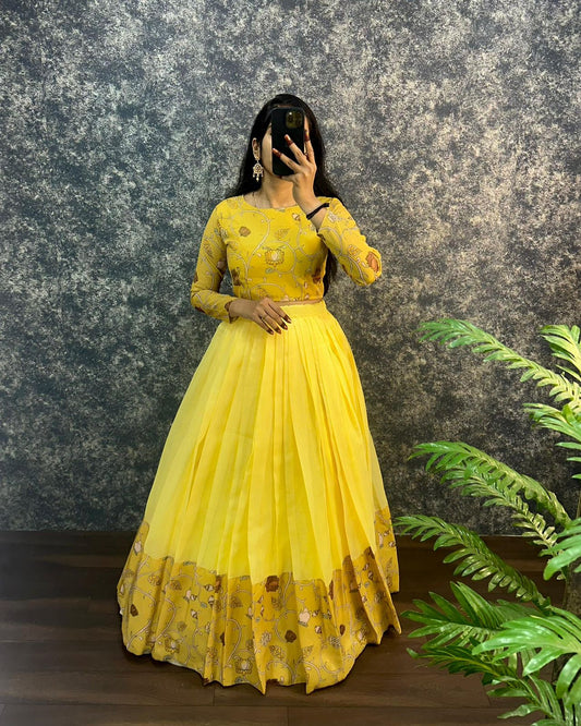 Kalamkari crop-top Kota doriya printed Lehenga sets