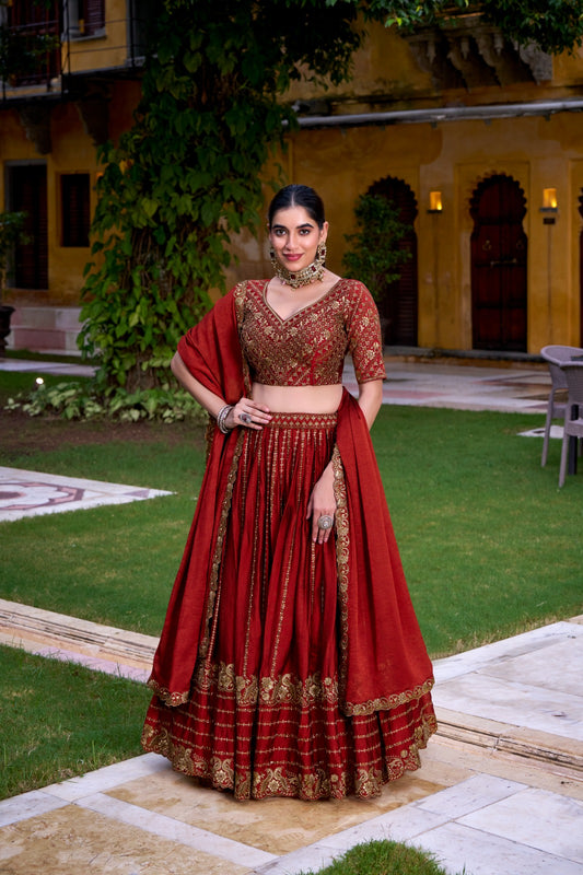Rust Orange Lehenga Chili Embroidery Lehenga Luxe