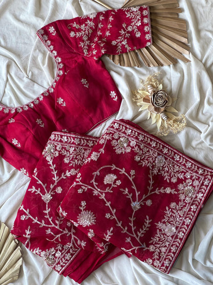Cherry Aari Work And Handwork saree with stitched Luxe blouse
