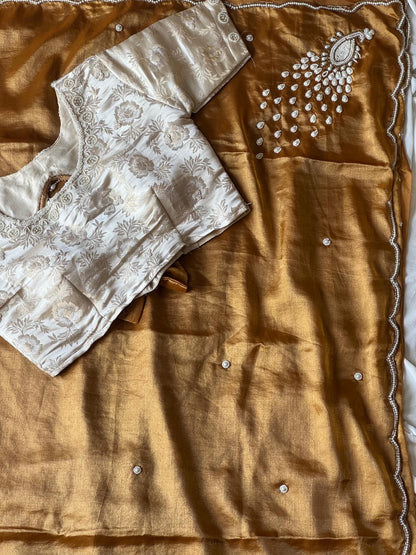 Gold peacock saree with stitched blouse