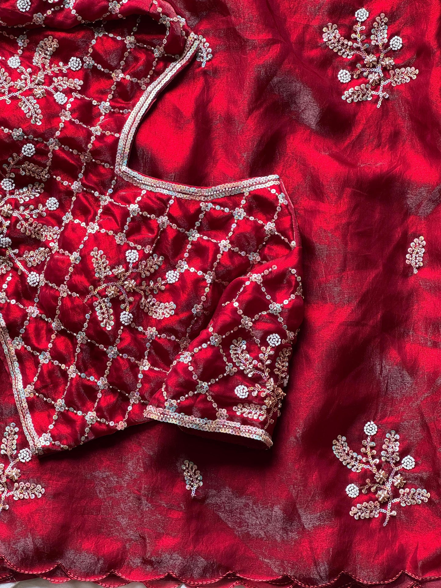 Soft silk with beads flower work saree with stitched blouse