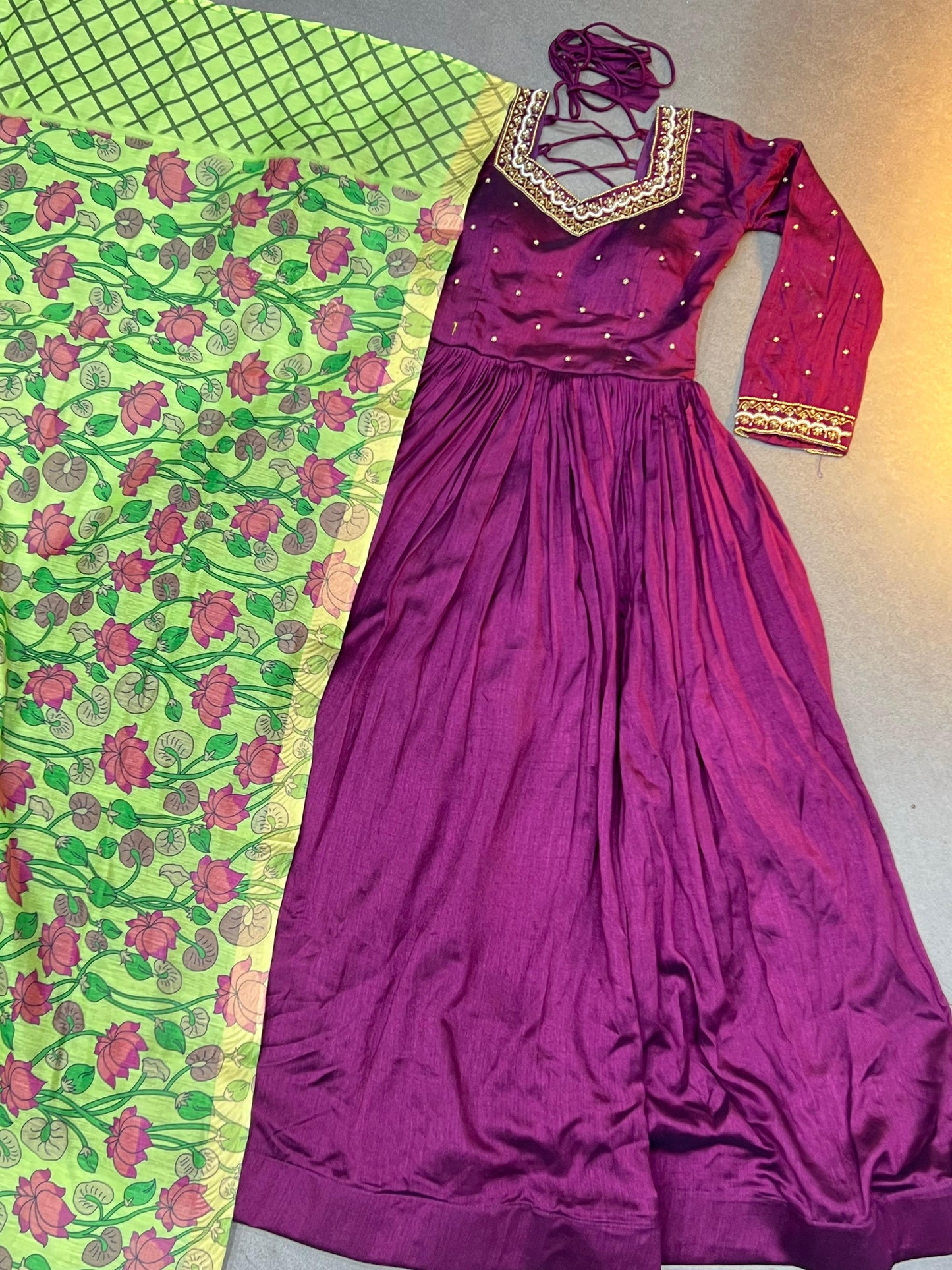 Maggam work Kalamkari dupatta Gown