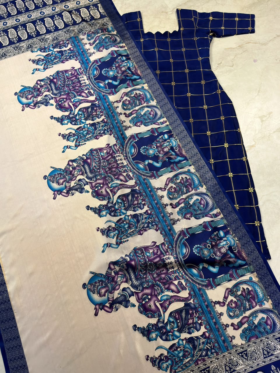 Traditional Check Weaving Kurti + Kalamkari Dupatta