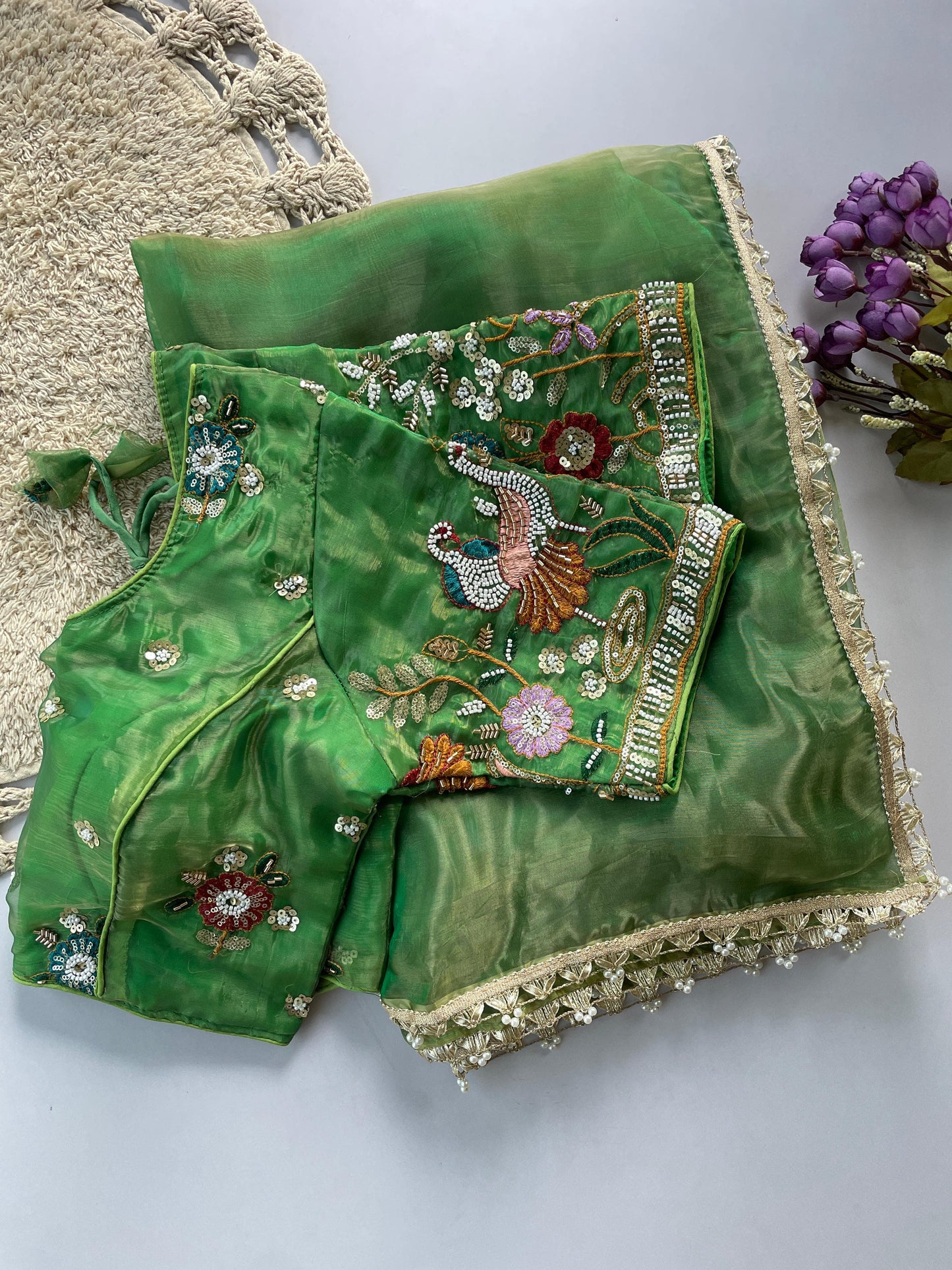 Liquid organza hand work  saree with stitched blouse