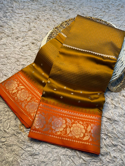 Handloom Banarasi katan soft checks booti saree