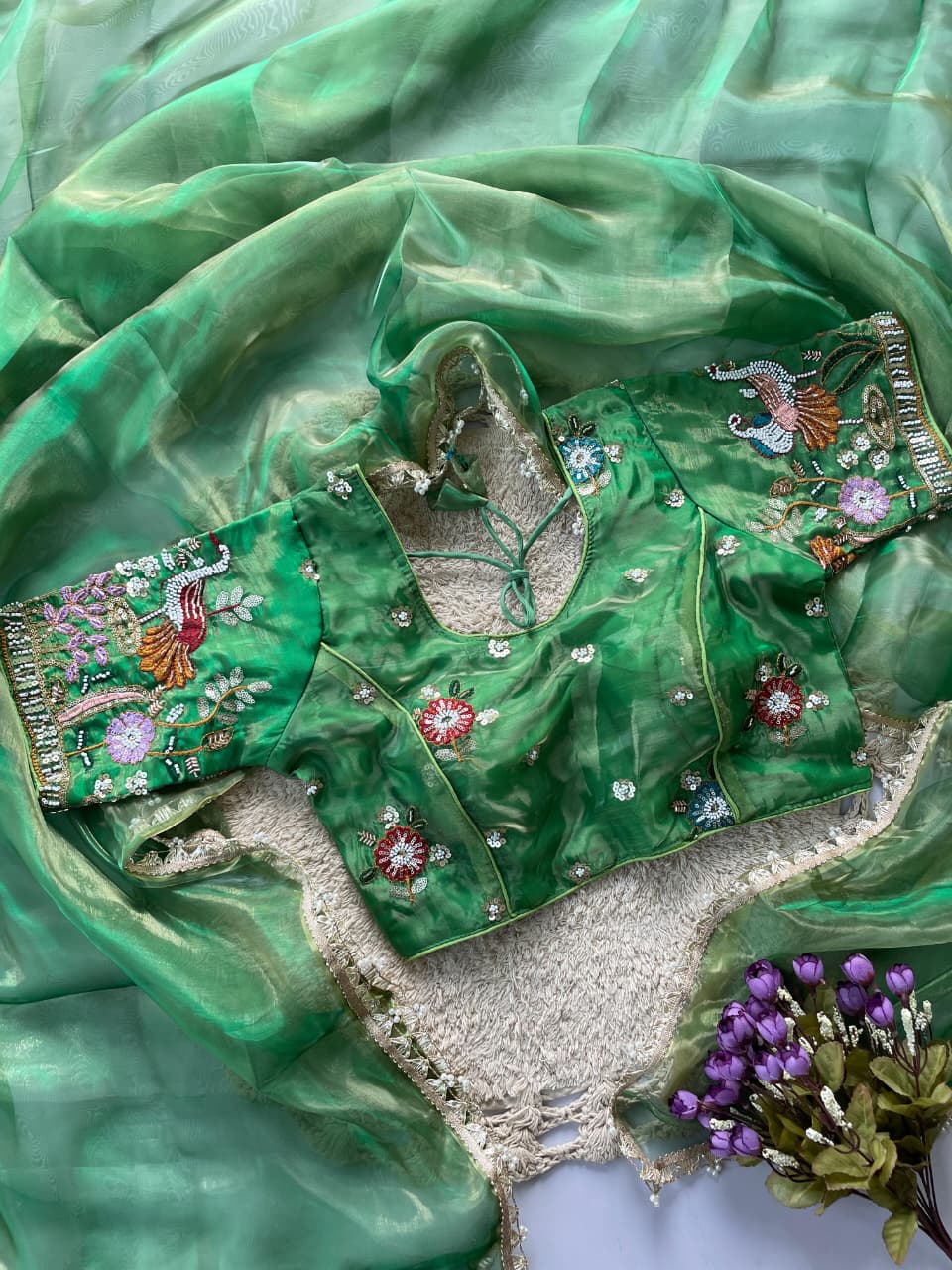 Liquid organza hand work  saree with stitched blouse