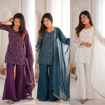 Crunchy Silk Fabric With Embroidery Sequence kurti sets model