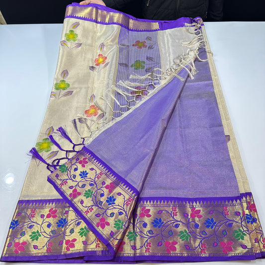 Semi pattu soft tissue weaving Paithani hand painted saree