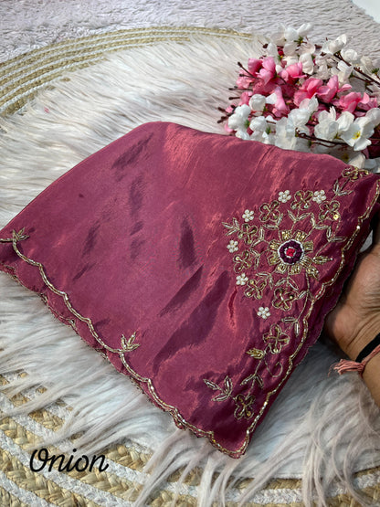 Trendy Soft shine hand work zardosi sarees