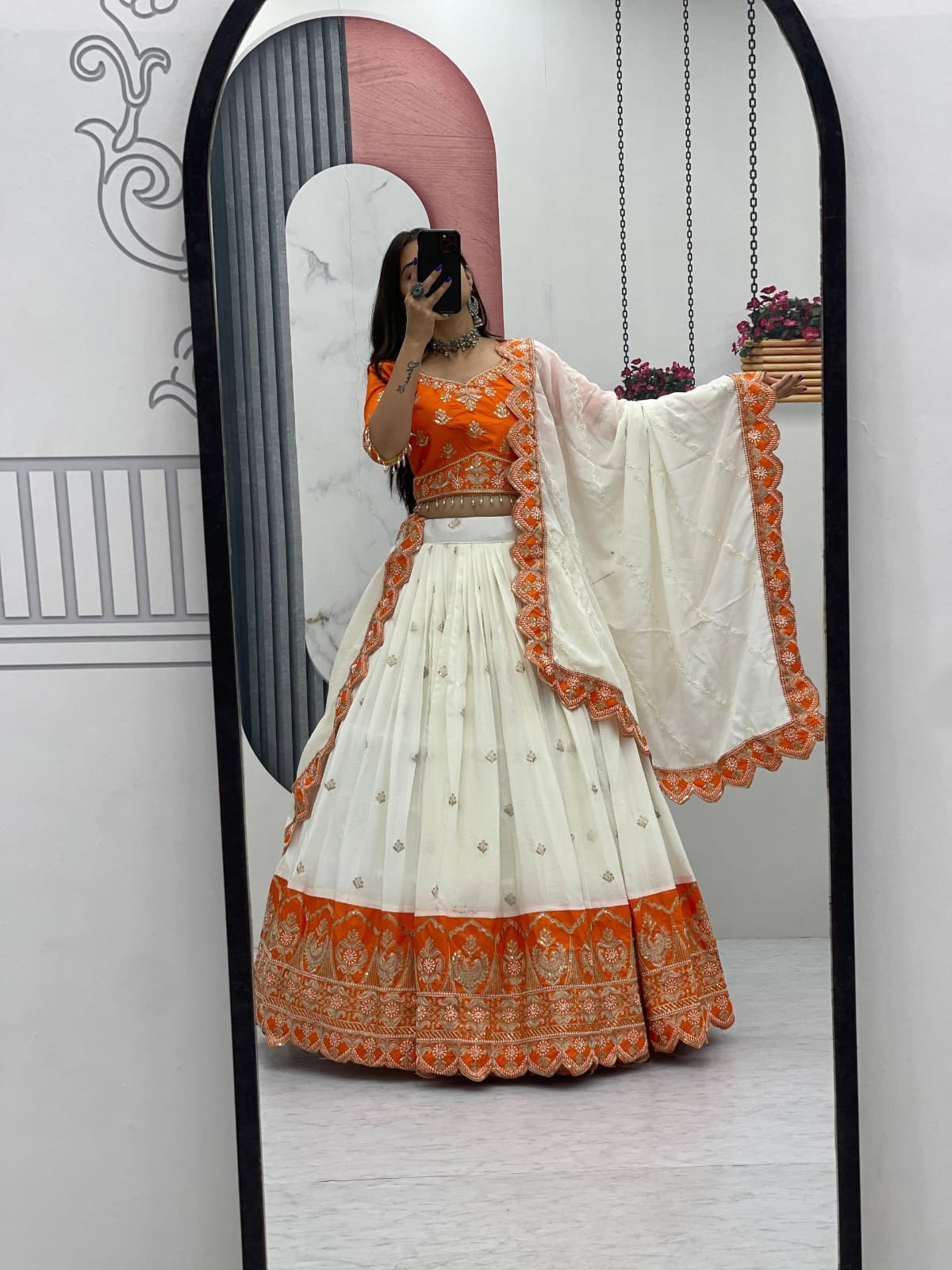 Chinon Embroidery glamour orange lehenga
