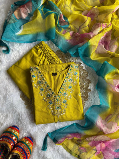 Beautiful embroidery kurti Pant Dupatta set