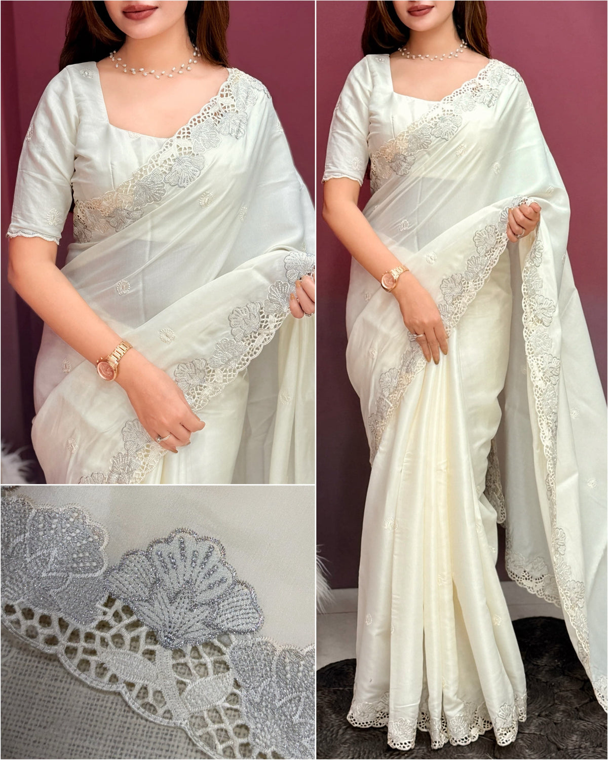 Korean tusser trendy zari embroidery saree