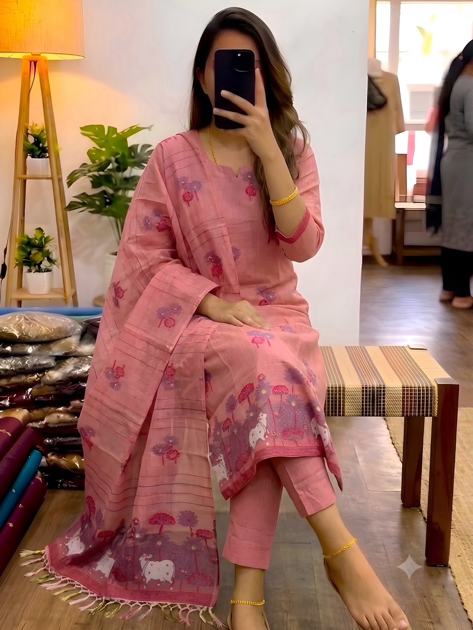 3 pieces ethinic wear Jamdani cotton kurti