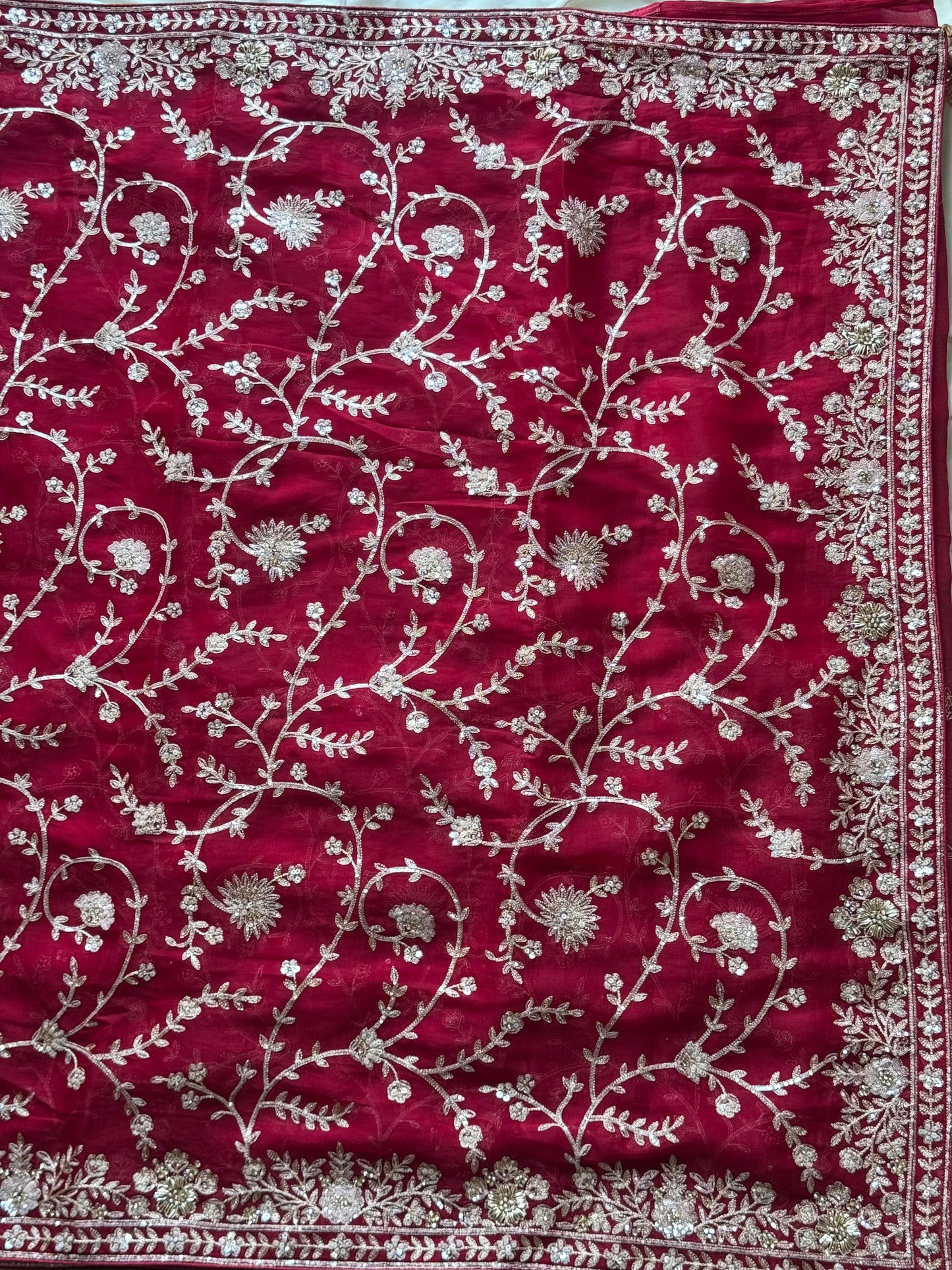 Cherry Aari Work And Handwork saree with stitched Luxe blouse