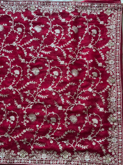 Cherry Aari Work And Handwork saree with stitched Luxe blouse
