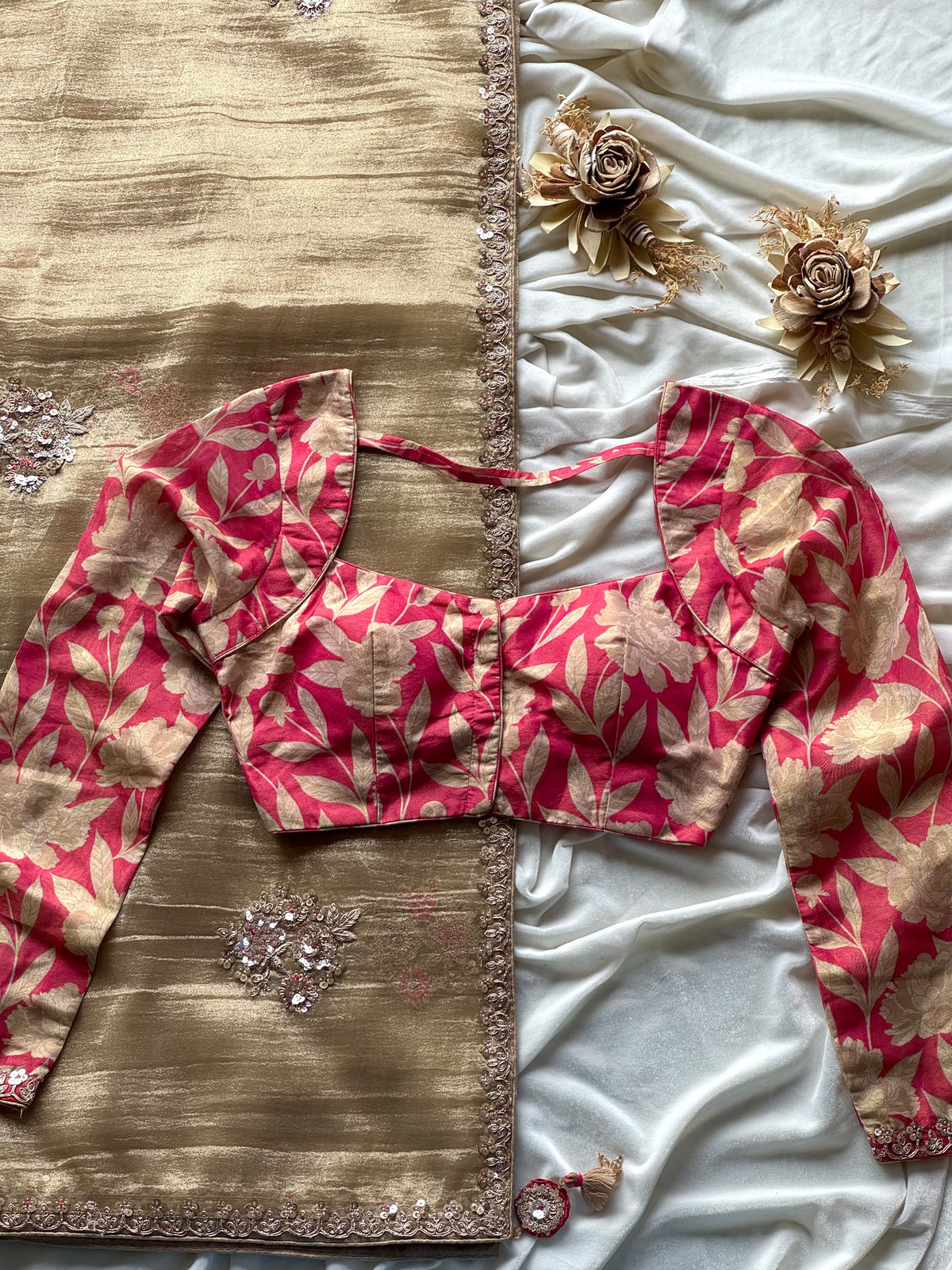 Salsa crunchy silk saree with stitched blouse
