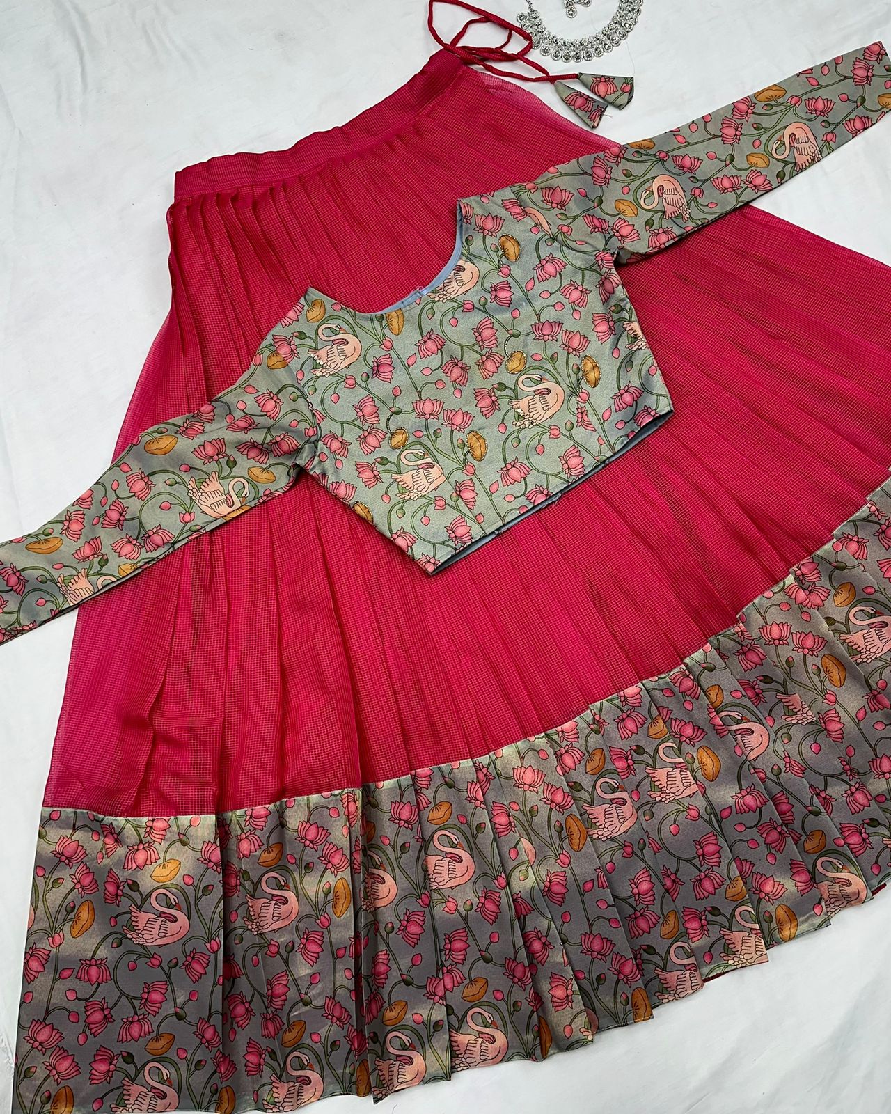 Kalamkari crop-top Kota doriya printed Lehenga sets