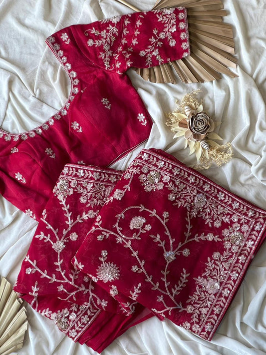 Cherry Aari Work And Handwork saree with stitched Luxe blouse
