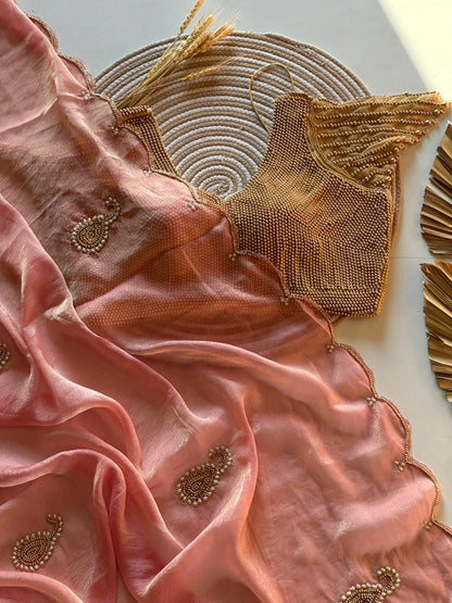 Space Georgette saeee with gold pearl work blouse