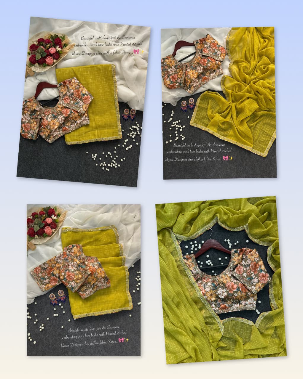 Multi data jari sequence embroidery saree with stitched blouse