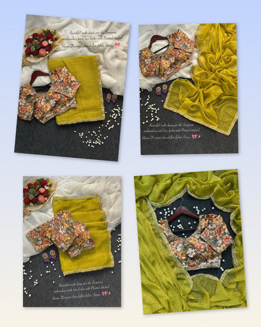 Multi data jari sequence embroidery saree with stitched blouse