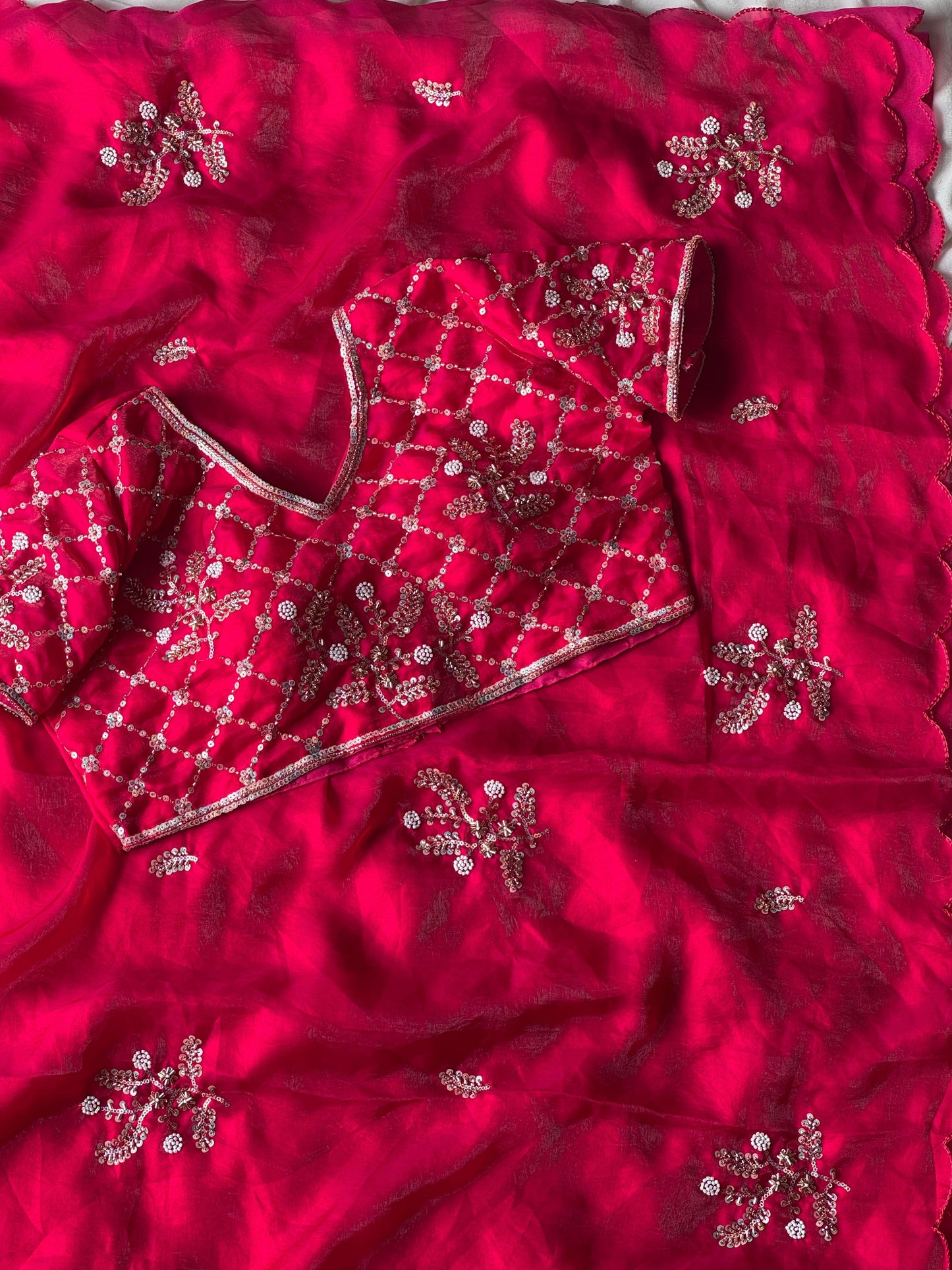 Soft silk with beads flower work saree with stitched blouse