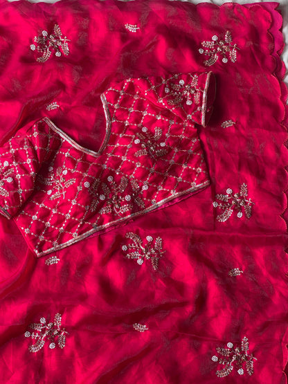Soft silk with beads flower work saree with stitched blouse
