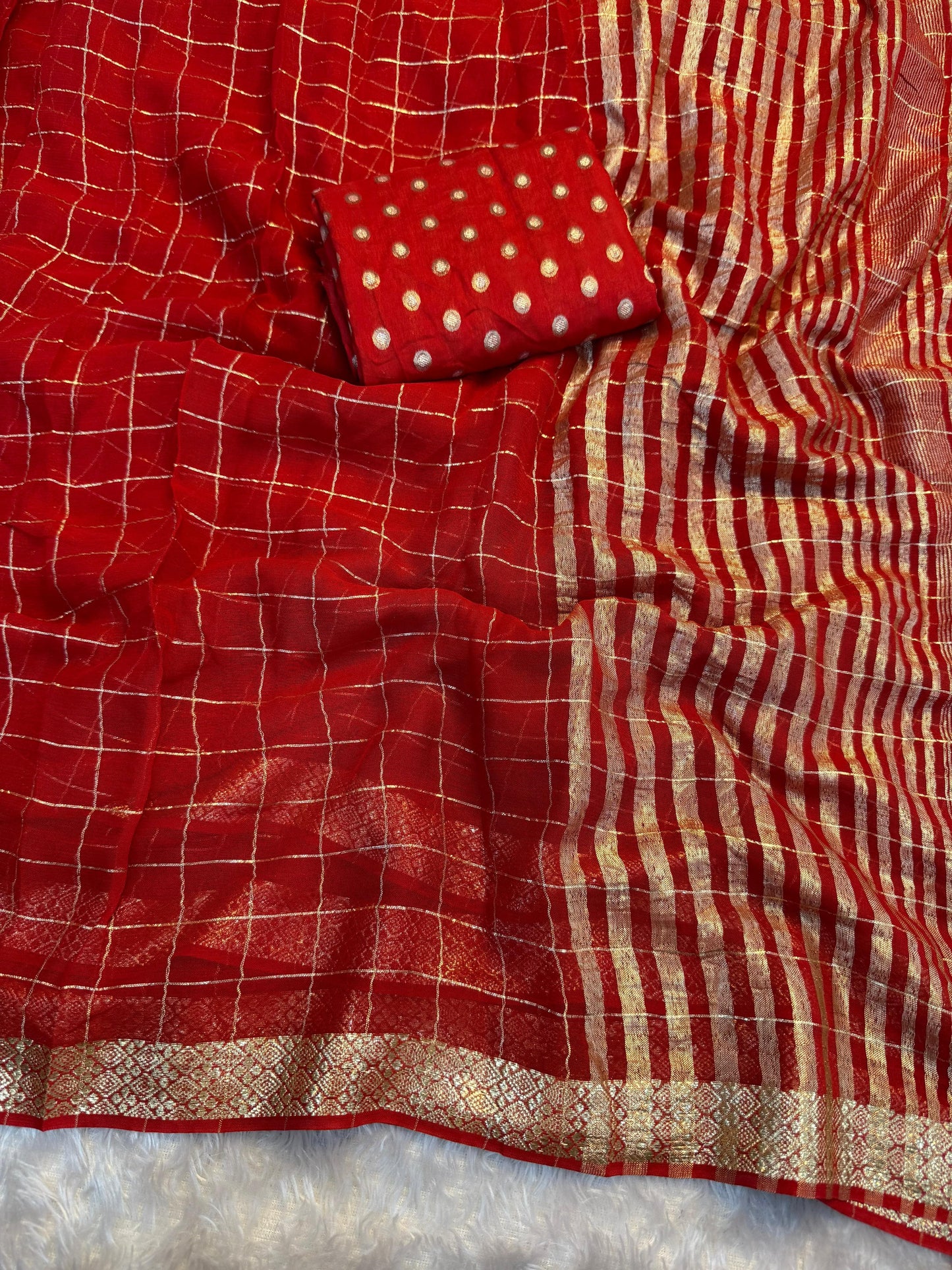 Trendy pure soft checks Chinon saree