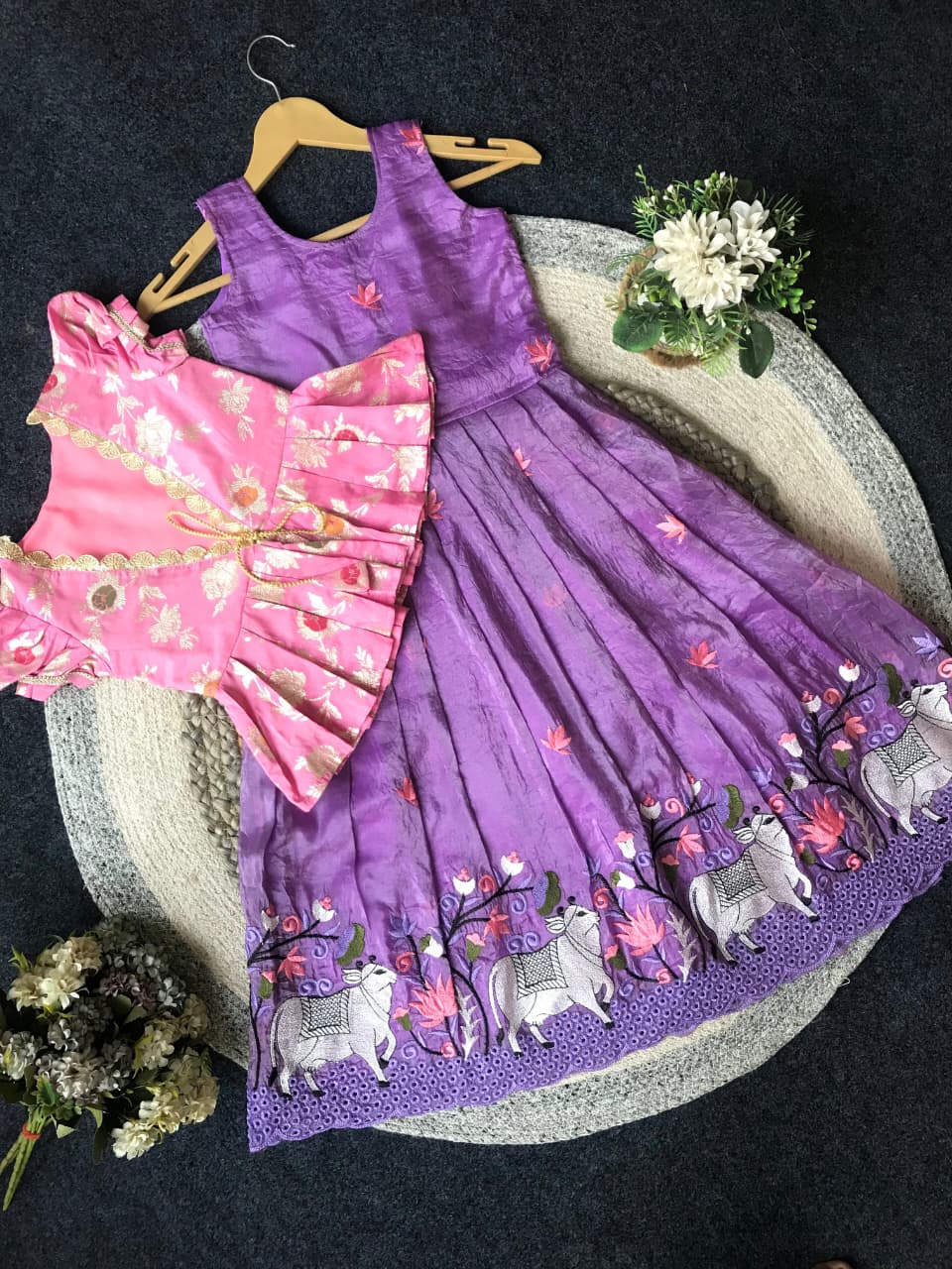 Kids pichwai 2 in one embroidery gowns