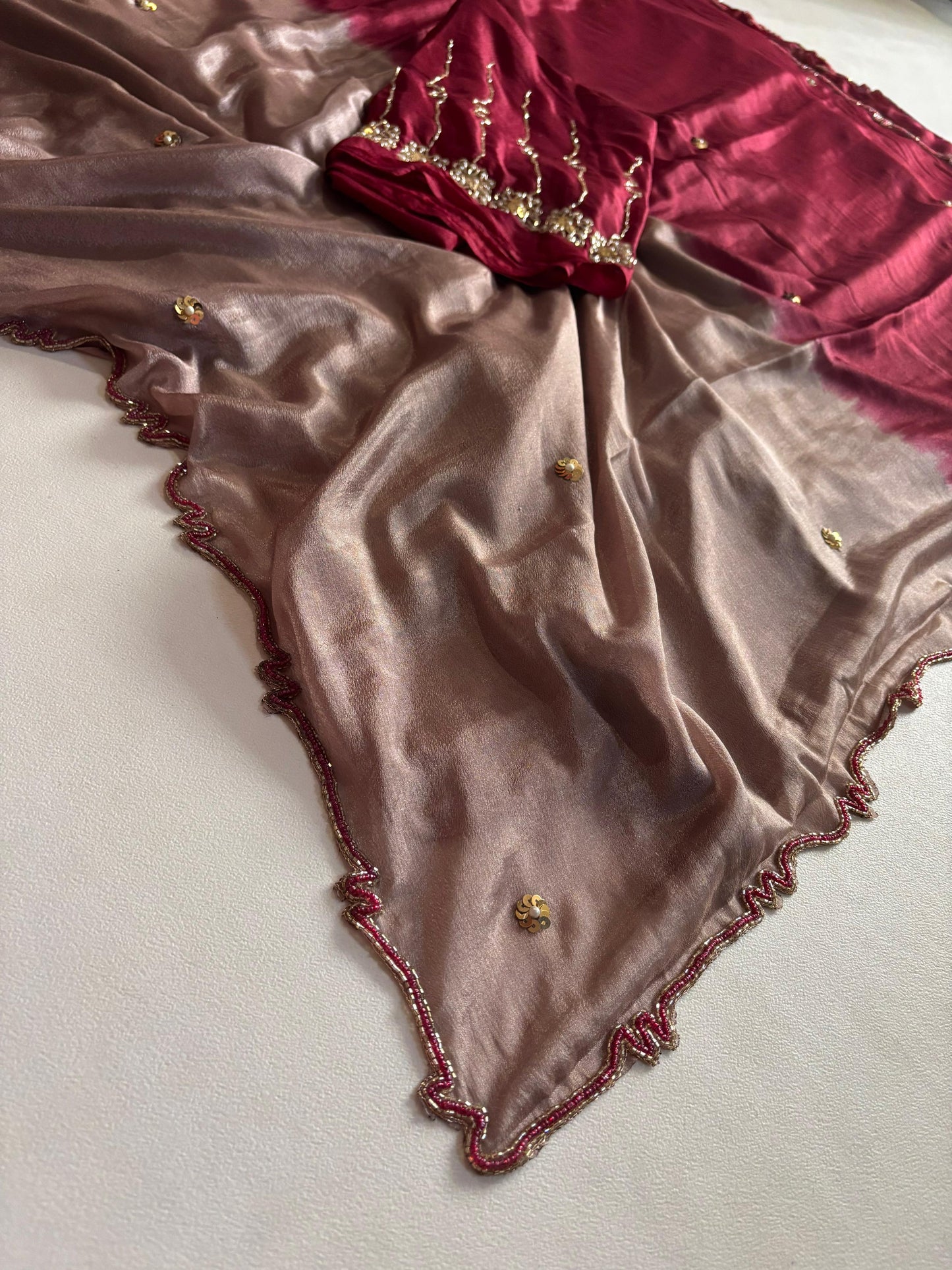 Trendy dyeing Chinon two shades with 3 layers curdana sarees