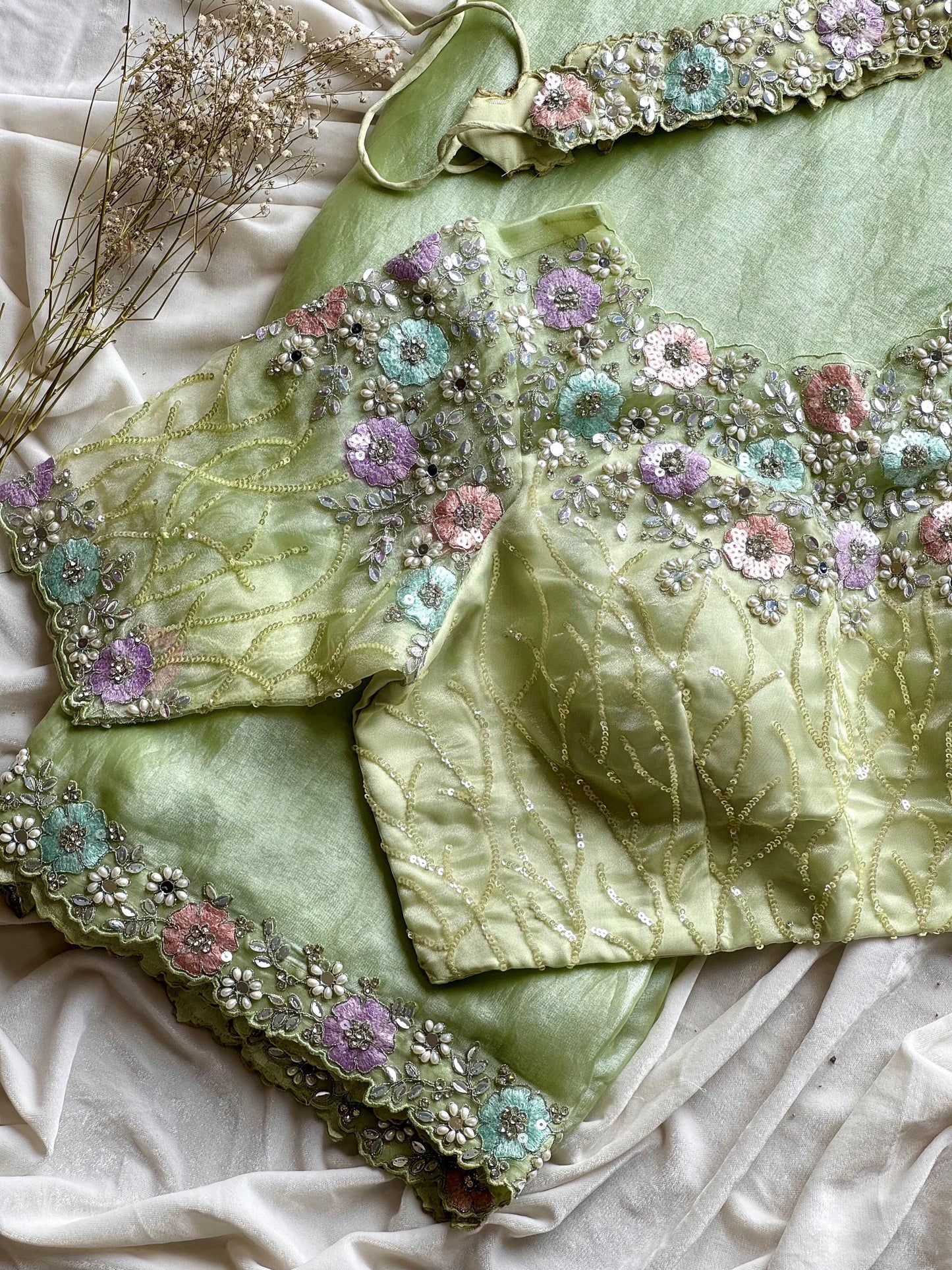 Luxe pista green 1 min saree with stitched blouse