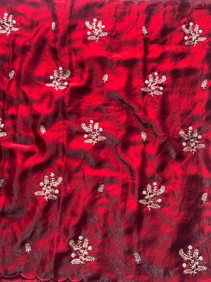 Soft silk with beads flower work saree with stitched blouse