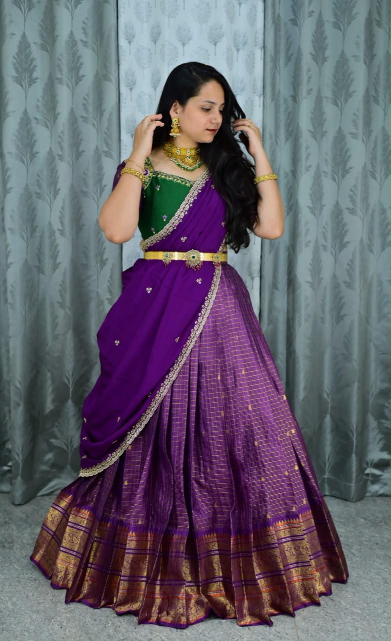 Semi kanchi check maggam work festival lehenga