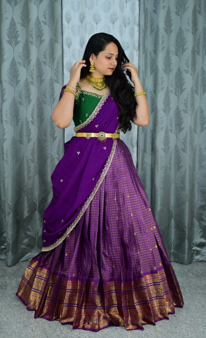Semi kanchi check maggam work festival lehenga