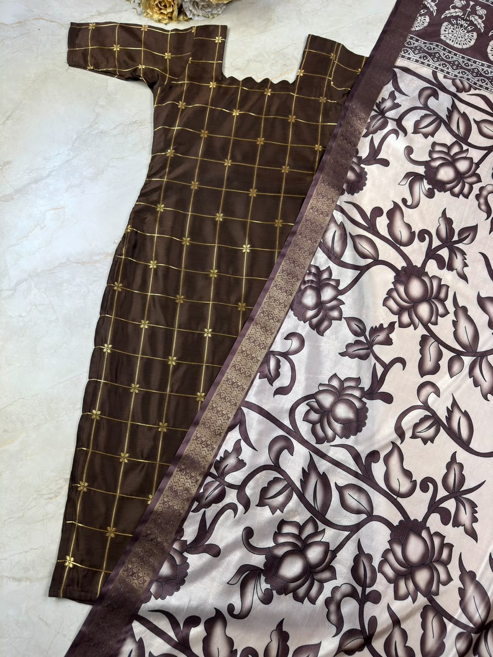 Traditional Check Weaving Kurti + Kalamkari Dupatta