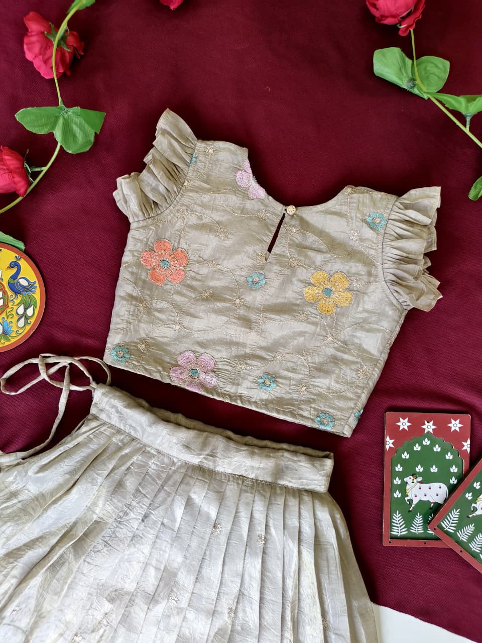 Cute ruffle skirt floral embroidered kids sets