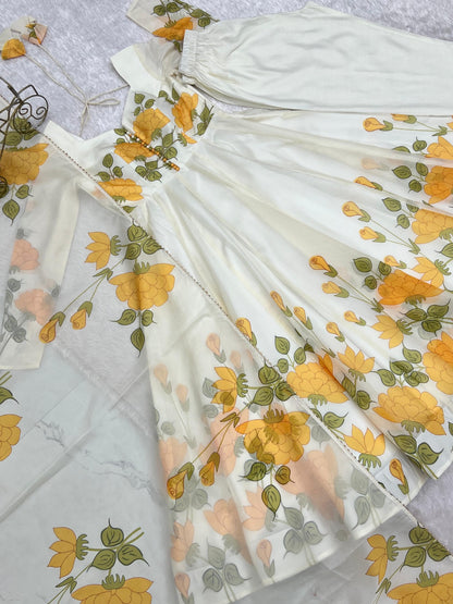 Classic Yellow Floral Printed Organza Anarkali sets