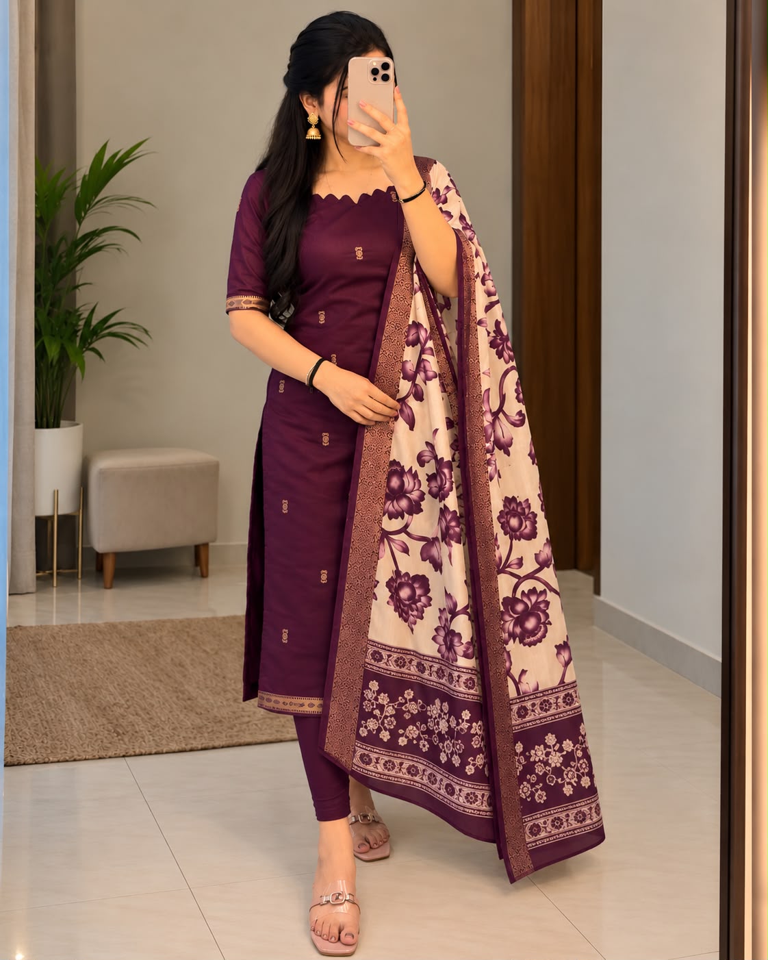 Mangalagiri Butta Silk cotton Top with Chennuri Silk Kalamkari Dupatta kurti sets