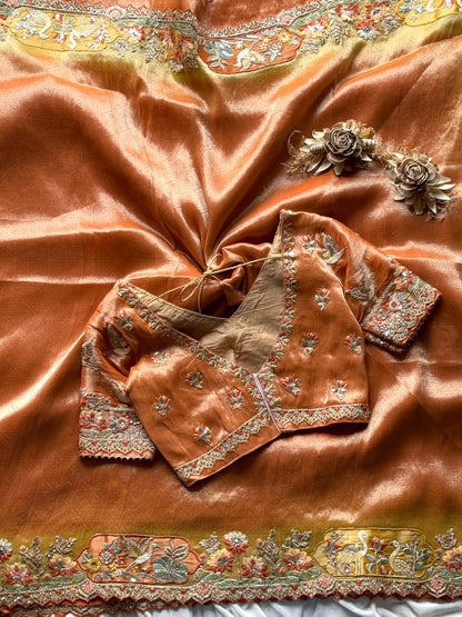 Luxe Dola silk coding work geruva saree with stitched blouse