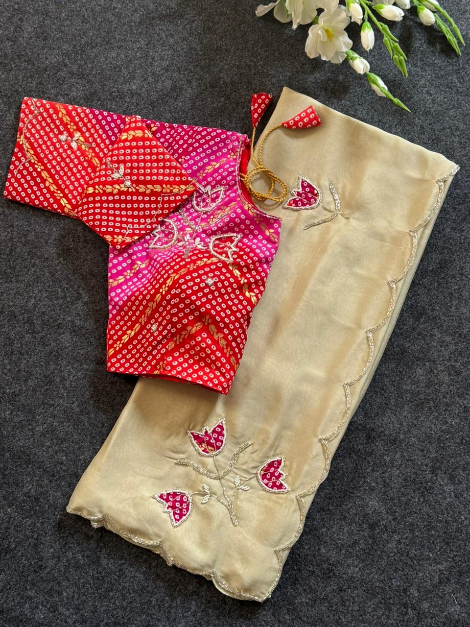 Handwork budget saree with stitched blouse
